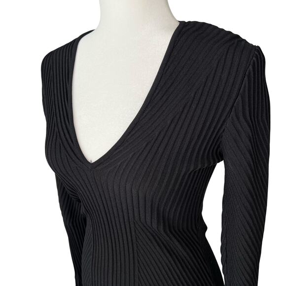 Jonathan Simkhai Black Rib Knit Dress Small Stretch V Neck Long Sleeve Luxury - Picture 7 of 8
